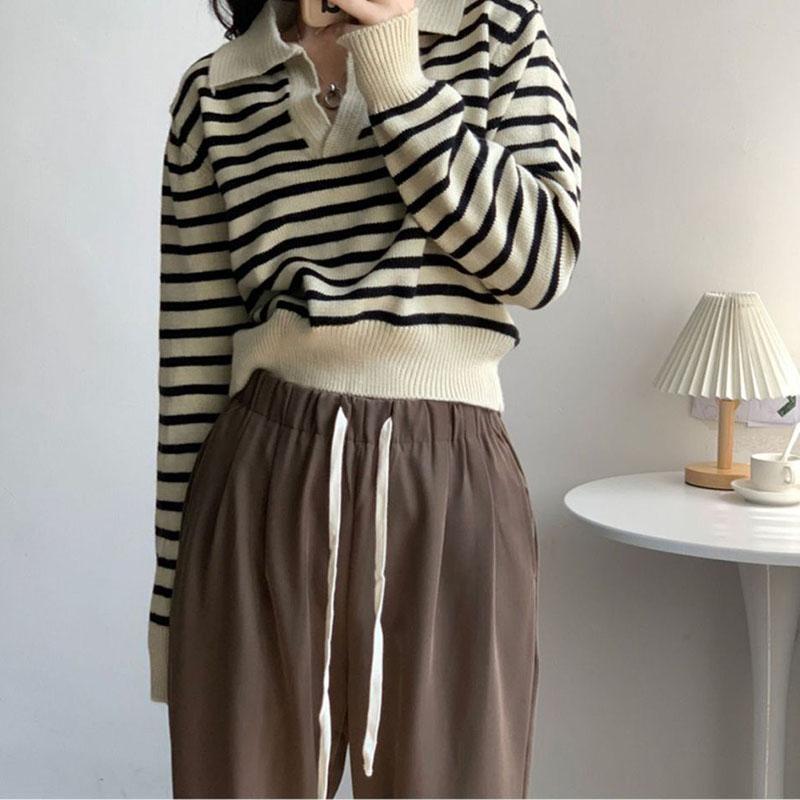 

Женский контрастный свитер с v-образным вырезом в полоску, осень-зима, мягкий свитер с воротником-поло, короткий пуловер, свитер с рукавами «летучая мышь» L бежевый