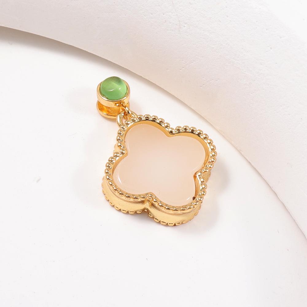 Elegant Four-Leaf Clover Chalcedony Pendant: Gold-Plated Copper with Inlaid Green Jade, Clavicle Chain Accessory.