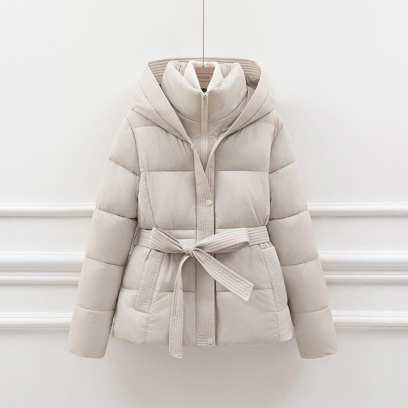 2025 New Korean Version Thickened Cotton-padded Clothes Women's Short Waist Slim-fitting Hooded Lace-up Warm Jacket