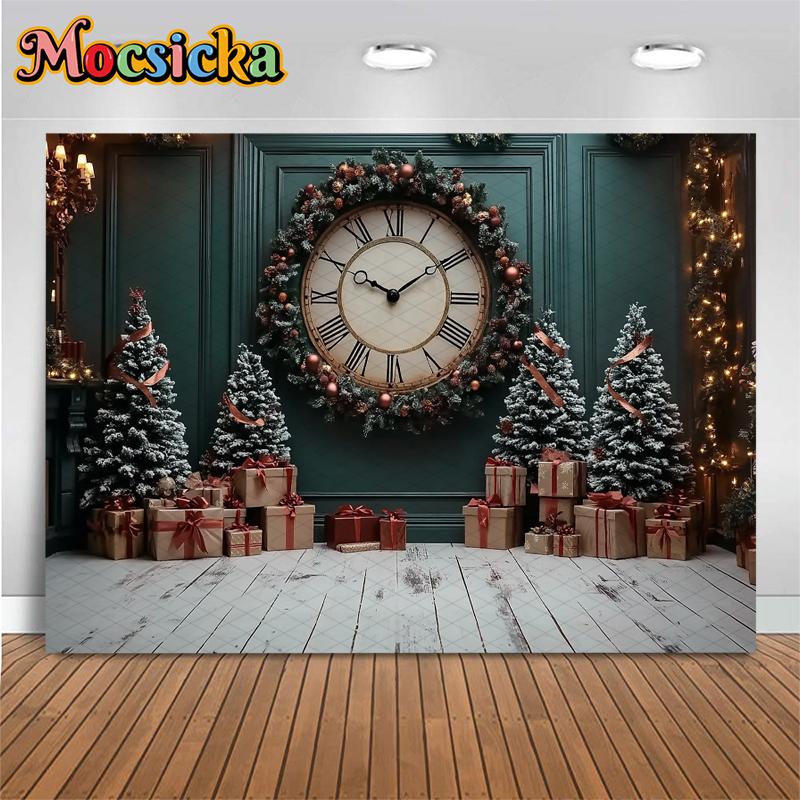 Mocsicka Christmas Backgrounds Xmas Tree Big Clock Decorations Happy New Year Family Holiday Party Photo Backdrops Studio Banner213