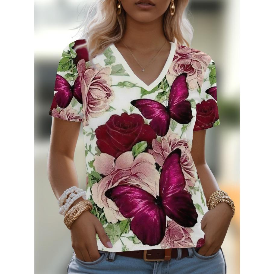 Plus Size Tees Women's Short Sleeved 3D Printed Top Holiday Flower Pattern Weekend Basic V Neck T Shirt Summer