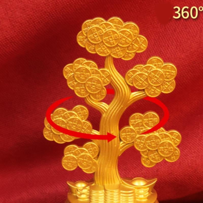 Gold Fengshui Statue Rotating Money Tree for Home and Office Decors Good Fortunes Metal Ornament with Wealth Symbolism