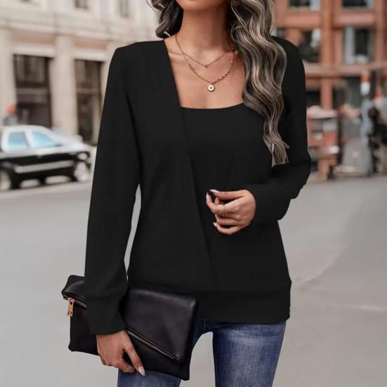 Damska bluzka kwadratowy kołnierz długi rękaw fason dwuczęściowy pulower topy jednolity kolor luźny krój jesienna koszulka