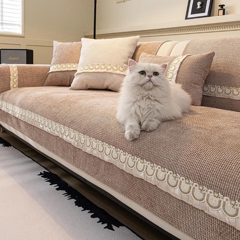 Luxury French Cream Sofa Cushion Four Season Universal Chenille Couch Cover For Living Room Bay Window Pad L-shaped Sofa Decor