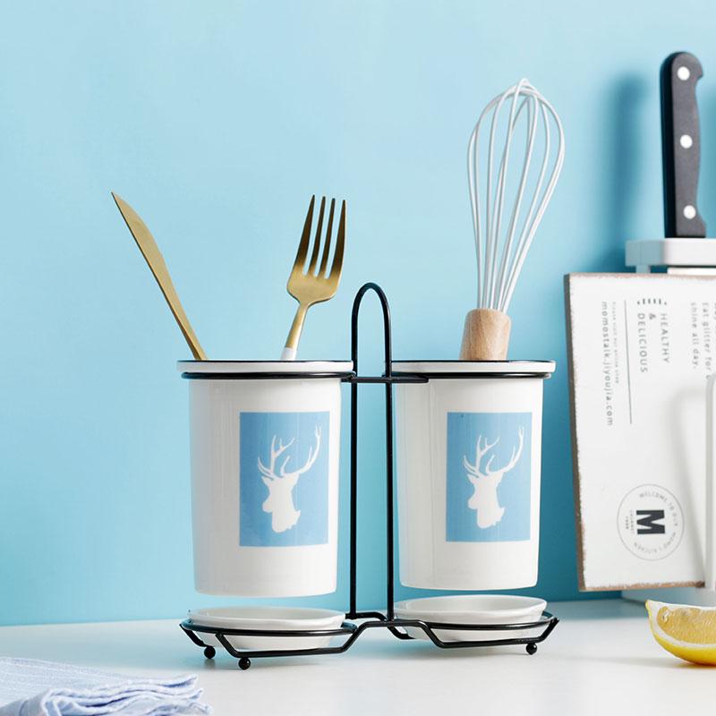 Cat Ceramic Chopsticks Holder Set Drain Rack Chopstick Cage Cutlery Box Kitchen Storage Organizer Chopsticks Box Storage Rack