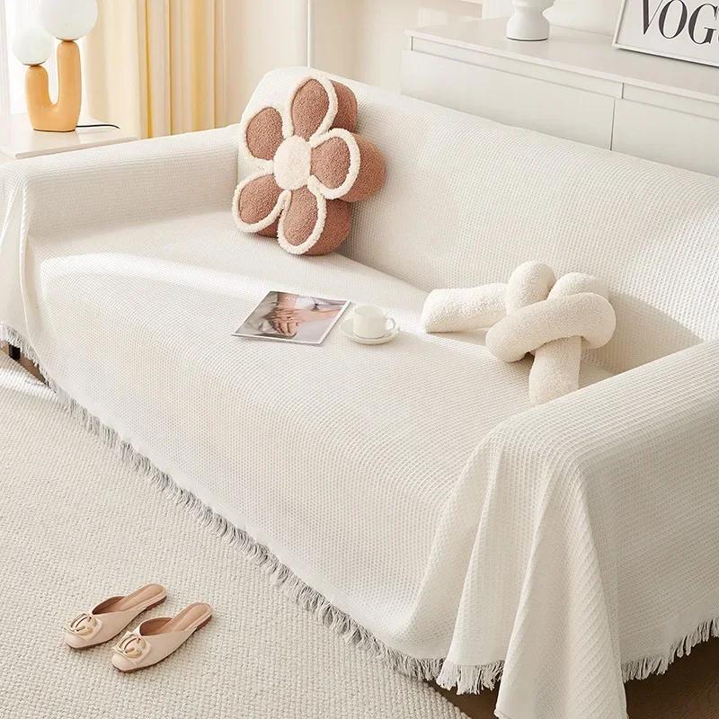 New Polyester Cotton Sofa Towel Solid Color Non-slip Sofa Towel for Living Room Furniture Decor Tapestry Cream Style Couch Towel