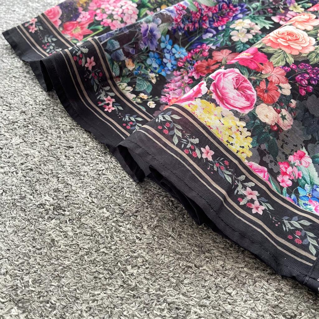 Vintage Black Floral Printted Maxi Dress Long Chiffon Sleeve Elegant Spring Palace Print Single-breasted Shirt Dress with Belt