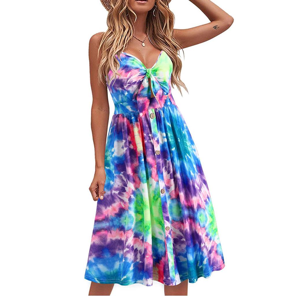 Women's Summer Bow Tie On Chest Printed V-neck High-waist Sling A-line Dress