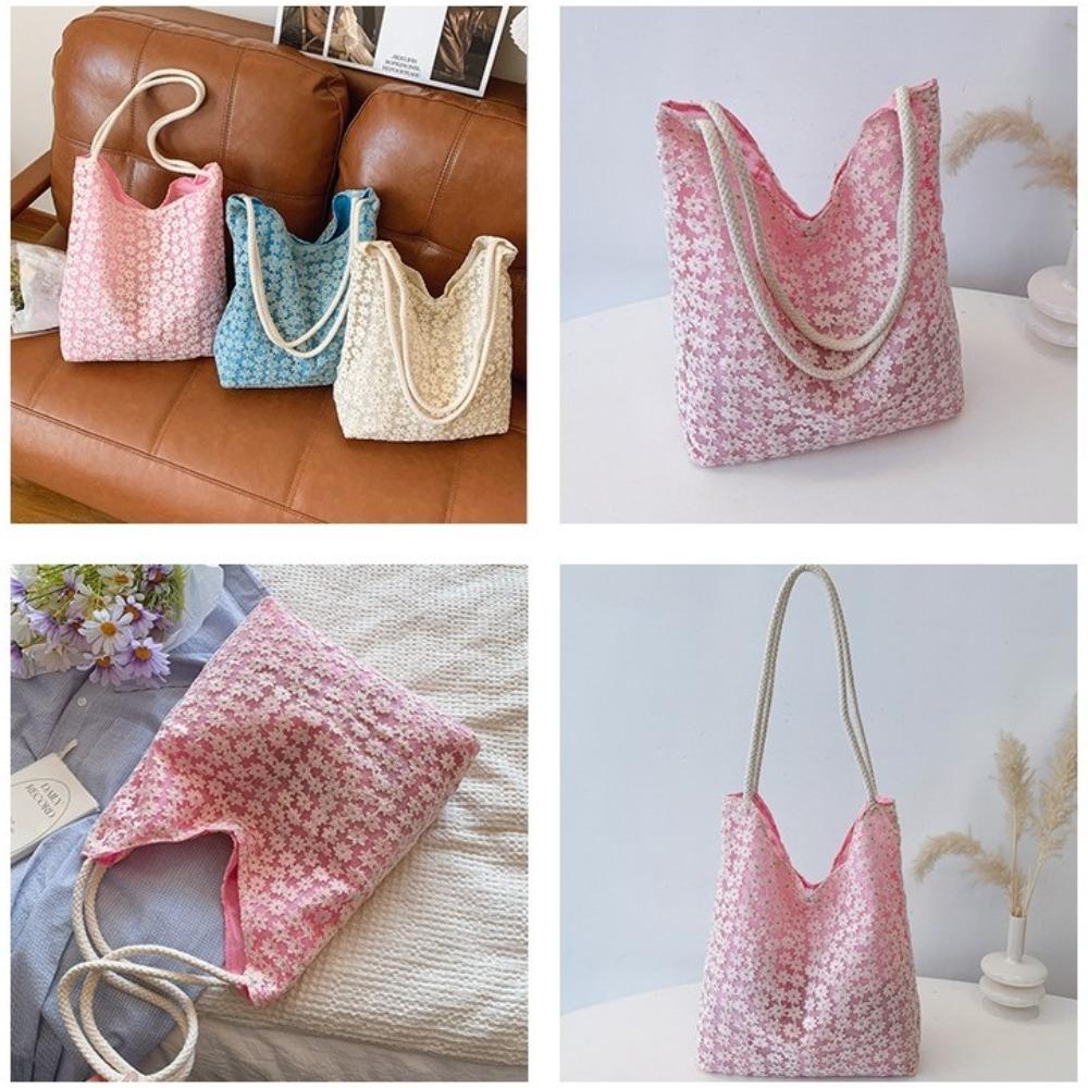 Solid Color Flower Tote Bag Large Capacity Cloth Shoulder Bag Portable Underarm Bag Daily