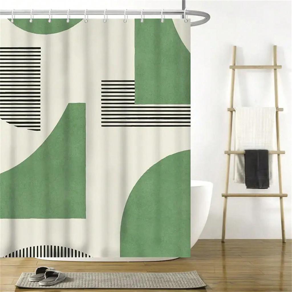 Geometric Green Shower Curtain: Embrace The Modern Design, Soft Fabric, And Trendy Vibes For Your Stylish Bathroom