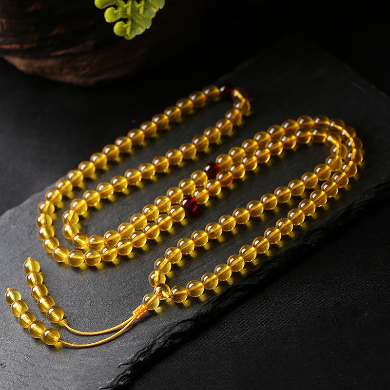 Unisex Myanmar Golden Amber Multi-strand 108 Beads Buddhist Prayer Bracelet & Necklace Single Strand 10mm x 19 Beads