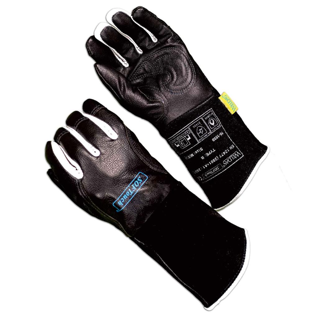 Weldas Premium TIG Schweißhandschuhe für Präzisions-3D-Rohrschweißen, Einzigartige Handflächengrößen SOFTouch™ Schweißen, Finger, COMFOflex® Futter, 10-1050M, Schwarz,