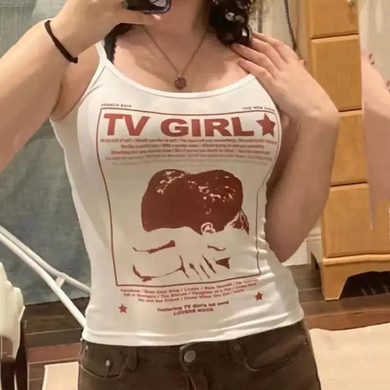 Белый майка с графикой TV Girl Y2K Инди Эстетика Топ на тонких бретельках S-L M