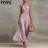 Women's Fashion Summer Spring Flower Pattern Print Sleeveless Hanging Neck High Waist Casual Dresses