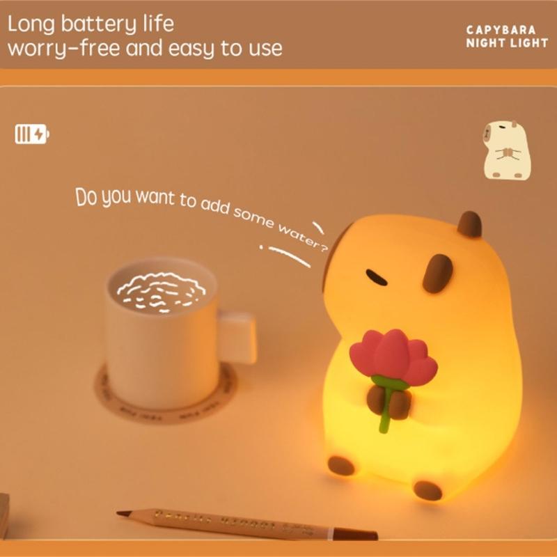 Lovely Capybara Silicone Table Nightlight, Warm Glow, Soft Touching Control USB Charging for Kids Room