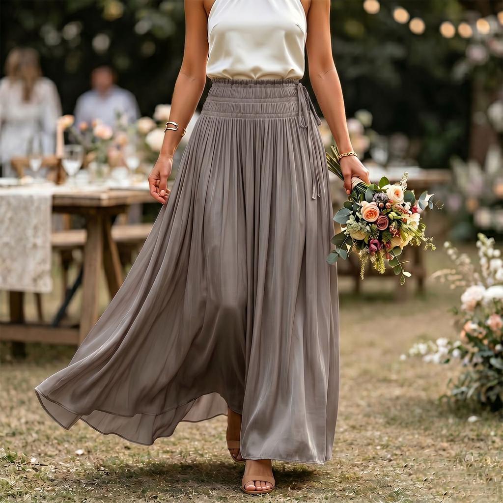 Women’s High Waist Elastic Waistband A-Line Maxi Skirt Flared Hem Loose Fit Lightweight Flowing Fabric Long Skirt for Daily Wear