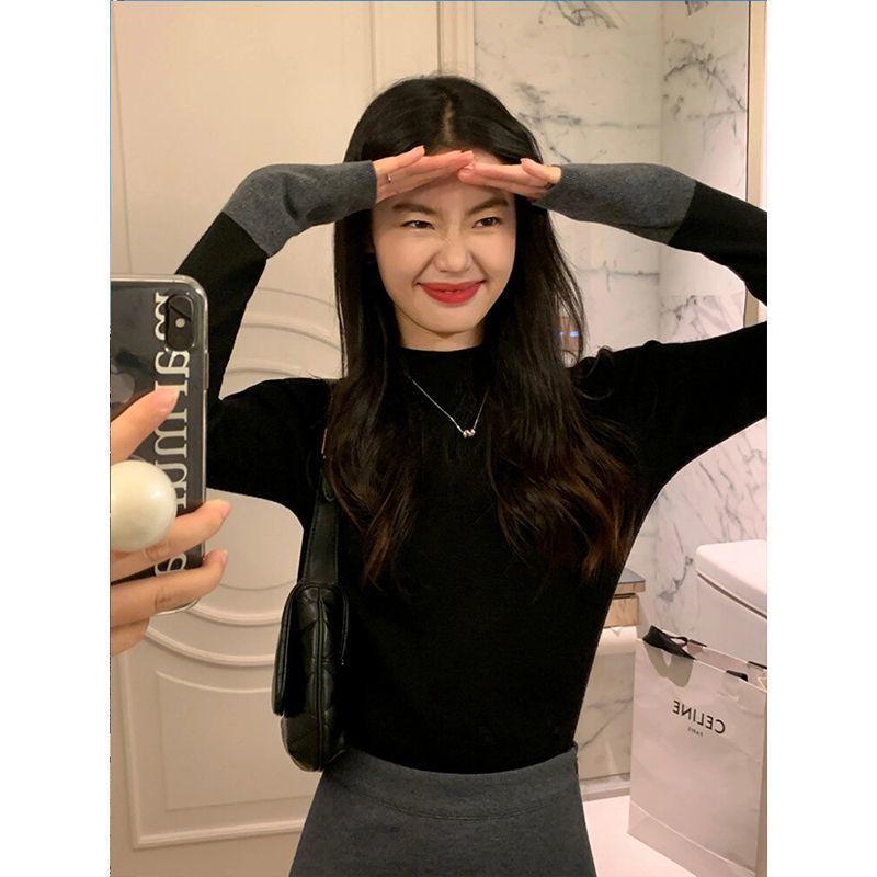 Women's Super Soft Color Block Knitted Turtleneck T-Shirt - Trendy, High-End Autumn/Winter Layer