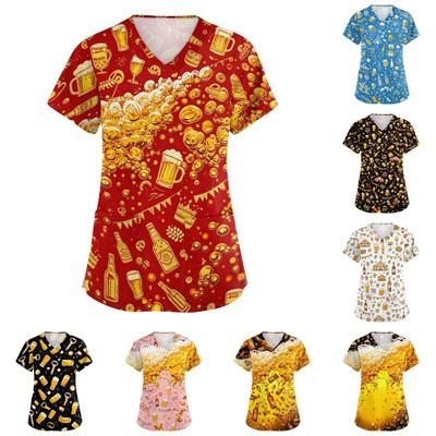 Womens V Neck Short Sleeve Work Shirt with Pockets Beer Festival Print Casual Medical Scrub Top for Caregivers Nurses and Hospitality Staff