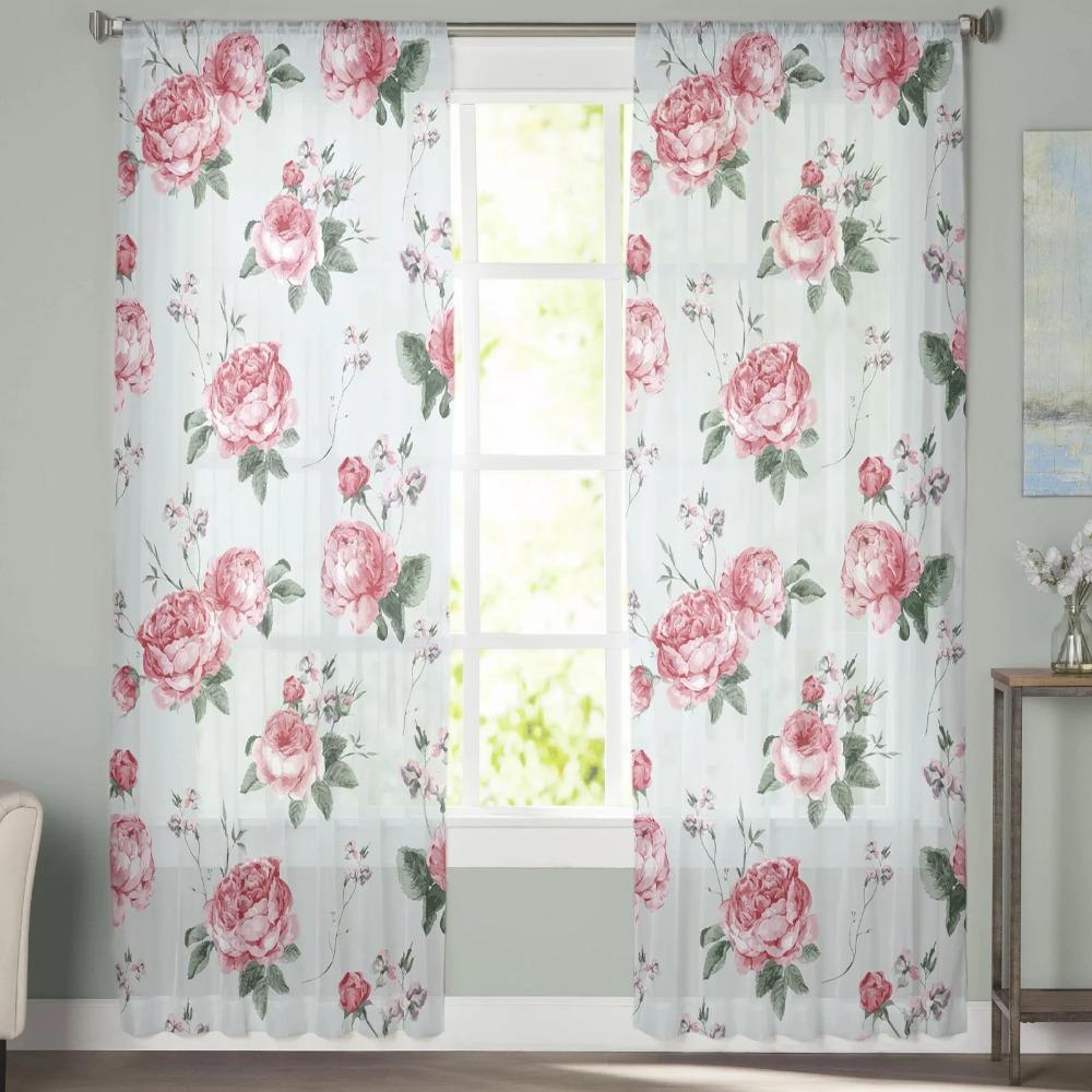 Pink Rose Flower Watercolor Tulle Curtains for Living Room Bedroom Decoration Chiffon Sheer Voile Kitchen Window Curtain