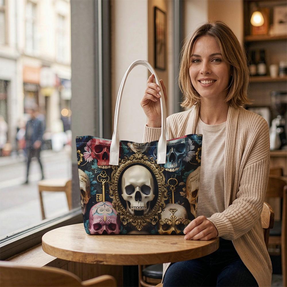 Vintage Skull Print Casual Tote Bag Dark Style Large Capacity Portable Shoulder Handbag for Daily Use