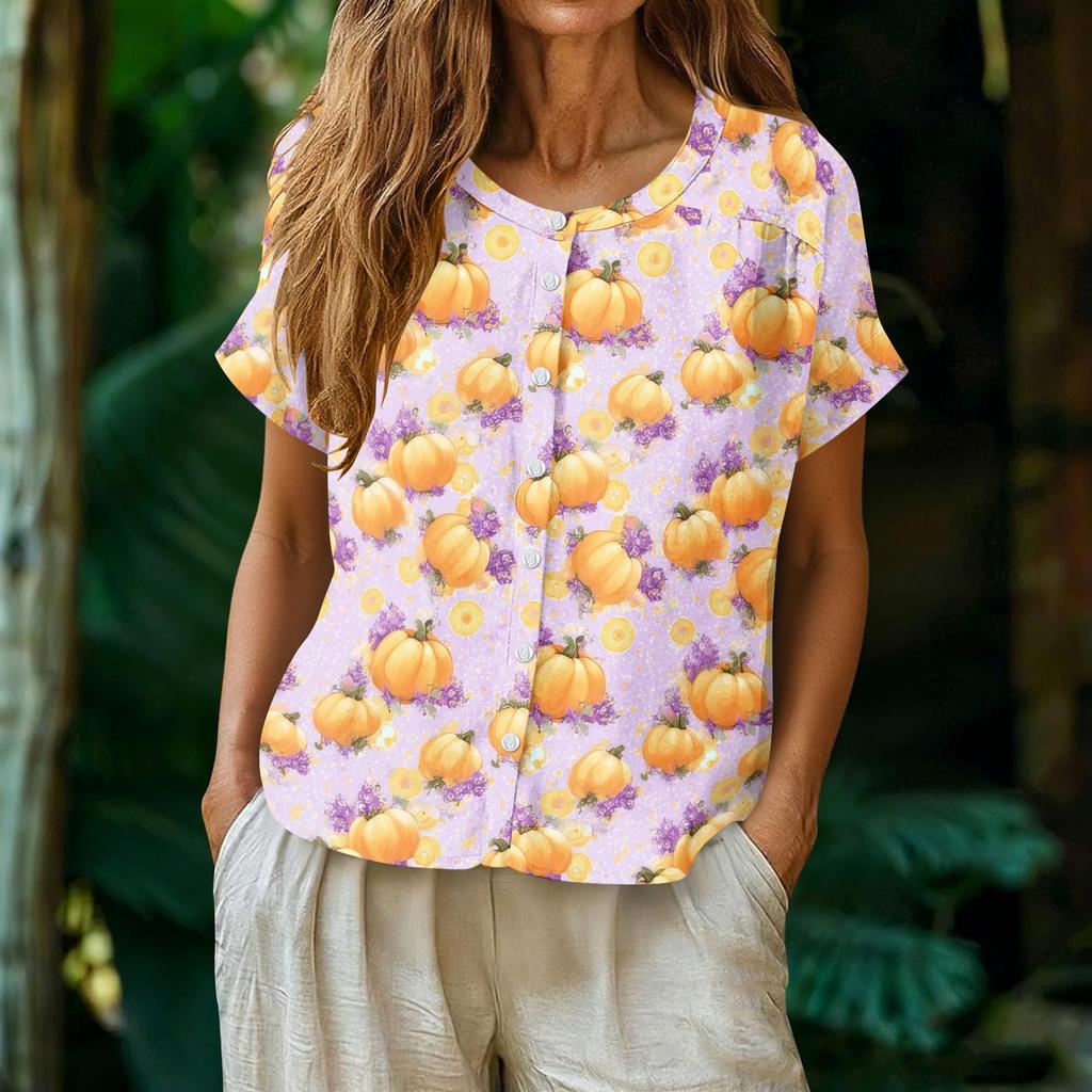 Women's Fashion Henley Neck Single Breasted Shirt Halloween Themed Print Short Sleeve Casual Top for Daily Wear