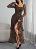 European & American Women's Slim Fit Square Neck Leopard Print Slit Dress - Mermaid Style, Fashionable, Elegant, Sexy.