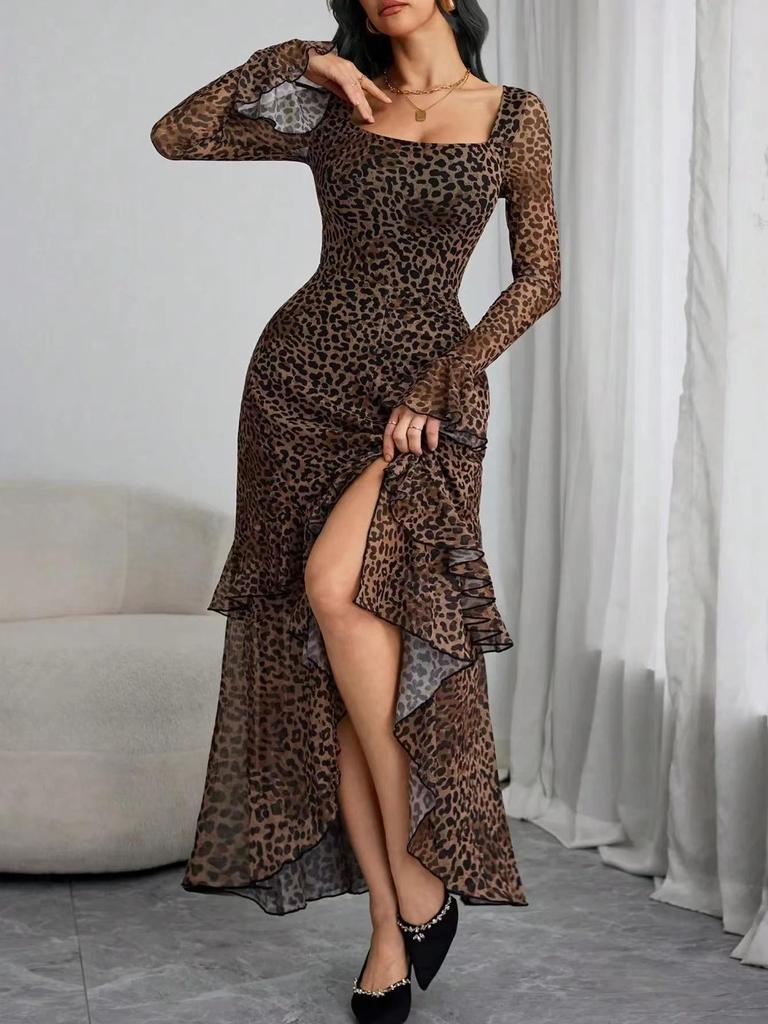 European & American Women's Slim Fit Square Neck Leopard Print Slit Dress - Mermaid Style, Fashionable, Elegant, Sexy.