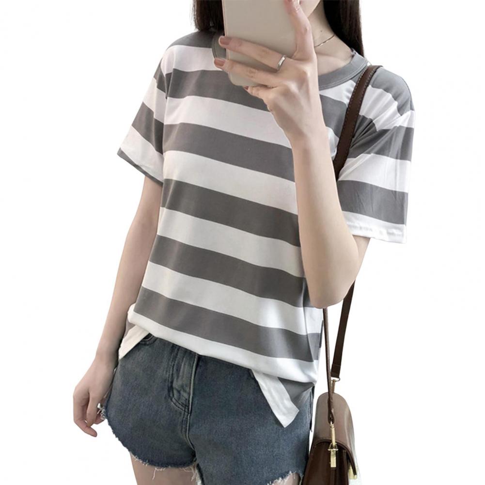 Summer T-shirt Round Neck Short Sleeve T-shirt Striped Print Breathable Versatile Loose Fit Top Streetwear