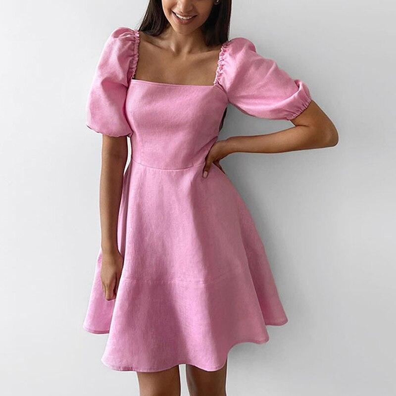 Rochie scurtă elegantă de vară cu guler pătrat Femei cu mâneci scurte cu mâneci scurte Rochii de petrecere de culoare solidă 2023 Rochie de bal cu volan, linie A 26216