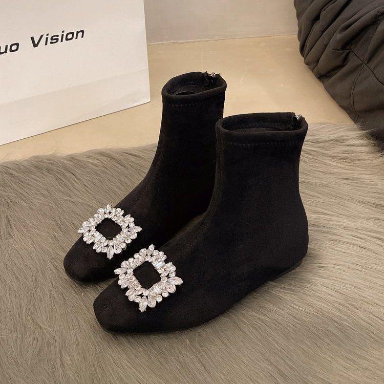 

Elegant Women s Rhinestone Ankle Boots: 2025 Fall/Winter Collection - Versatile Black/Nude with Square Buckle 40