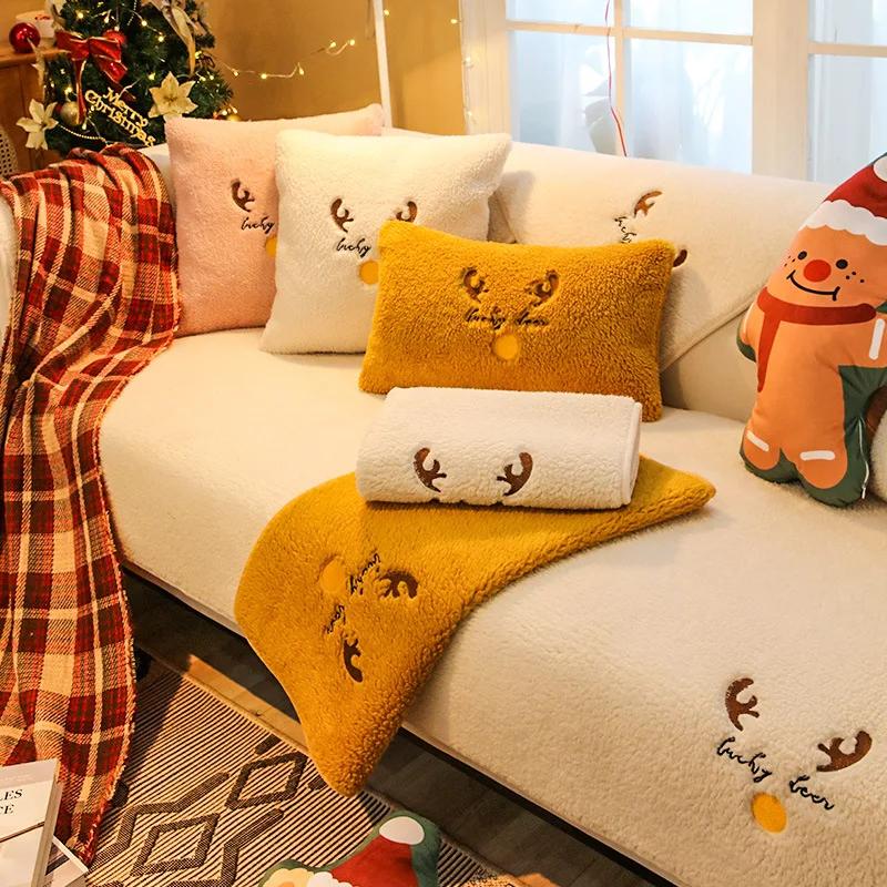 Thicken Short Plush Sofa Cover Winter Warm Non Slip Sofa Towel Washable Couch Cushiom Slipcovers Living Room Elk Christmas Decor
