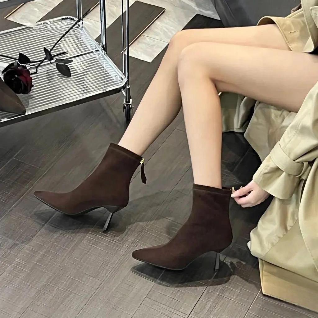 2025 Autumn/Winter Stretch Suede Stiletto Heel Pointed Toe Ankle Boots – Sexy, Soft, Comfortable Sock Design