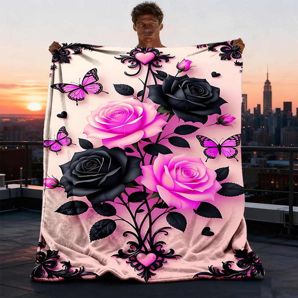 1pc Roses Butterflies Outdoor Blanket - Soft Flannel Cozy for Travel & Camping - All-Season Warm Bed Cover, Machine Washable Yy251229108