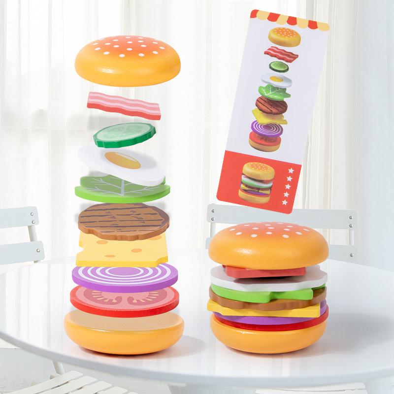 1pc Wooden Hamburger Pretend Play Stacking Game Food Theme Matching Toy with Pattern Cards Suitable for Children Ages 3+