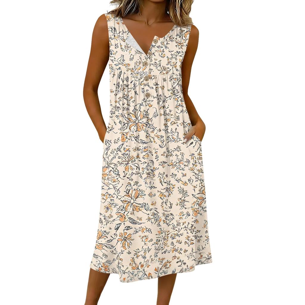 Women's Casual Sleeveless Button-down Mid-length Dress