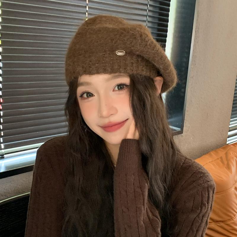 Korean Version of Autumn and Winter Hat for Women's Metal Small Label Knitted Beret Solid Color Versatile Warm Wool Hat Thick New