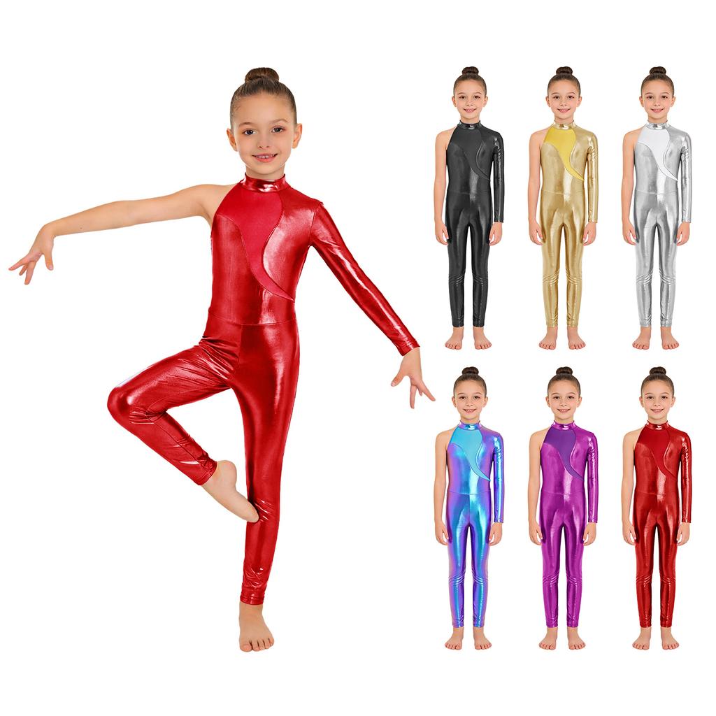 Girls Performance Jumpsuit: Asymmetrical Mock Neck Metallic Bodysuit with Mesh Patchwork & Back Invisible Zipper for Dance