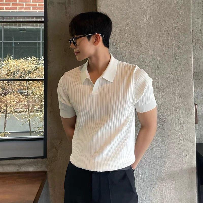 Men S Fashion Casual Striped Short Sleeve Turn Down Collar Thin Knit Polo Shirt M белый