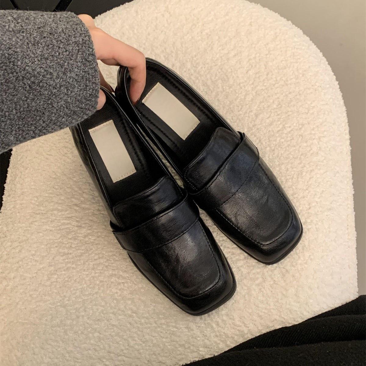 

Черные мокасины с квадратным носком, ленивые, с одной педалью, на толстом высоком каблуке, маленькие кожаные туфли, универсальные французские туфли Мэри Джейн, женские, на среднем каблуке 35