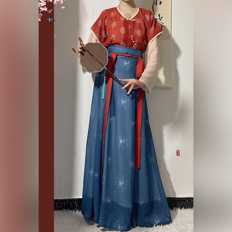 Sada dámských šatů ve stylu čínské dynastie Tang Tradiční Hanfu denní košile a dlouhá sukně s výstřihem
