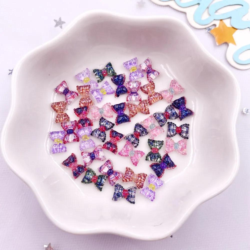 100pcs Resin Glitter Colorful Mini Crystal Flower Grid Bowknot Flat Back Rhinestone Art Nail Applique Decor DIY Scrapbook Crafts