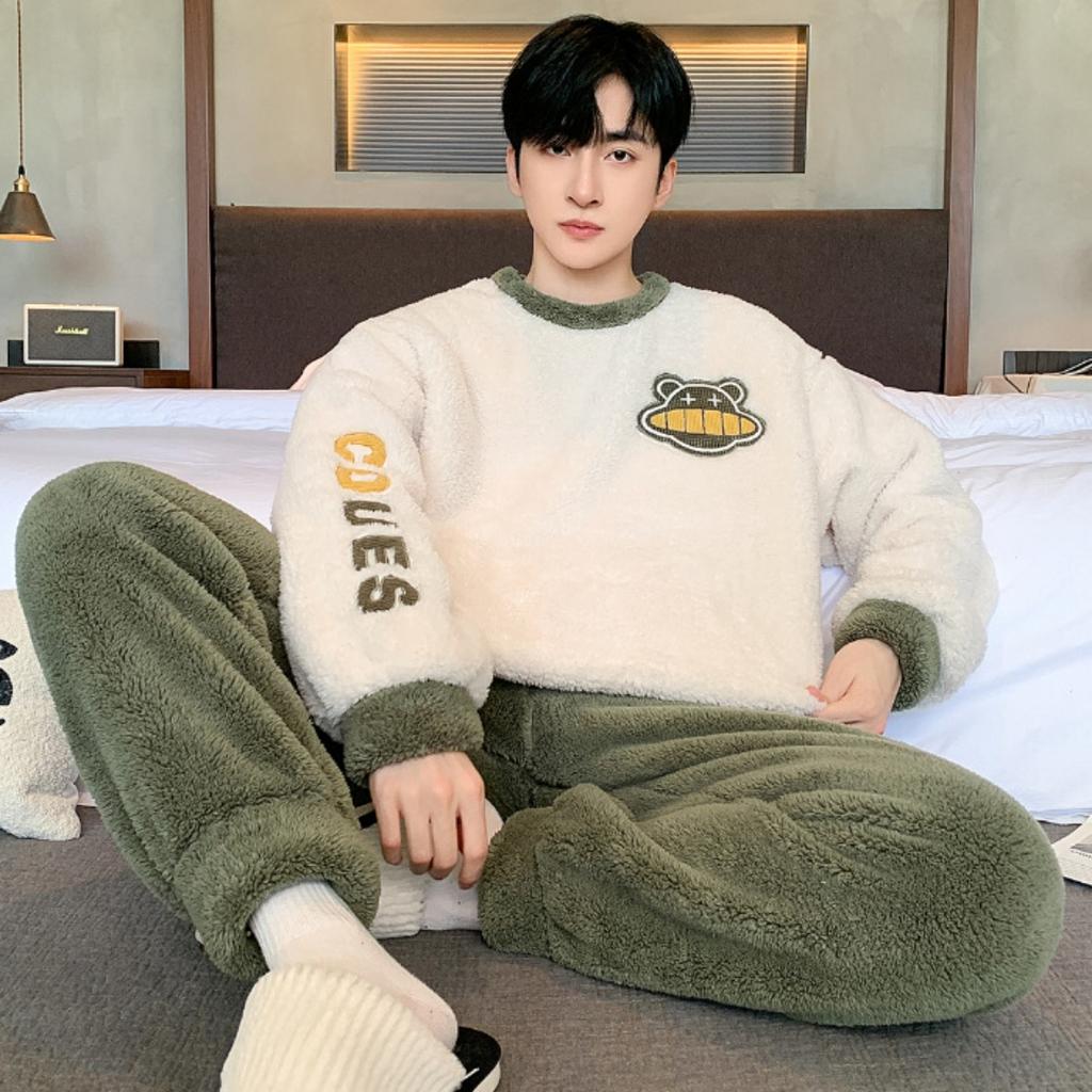 Winter, Coral Fleece, Pajamas, Men's Clothing, Thickened Fleece, Round Neck, Long Sleeved Pants, Suits, Home Clothes