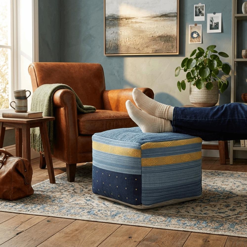 Thick Footstool Cover Unstuffed Color-Woven Jacquard Pouf Ottoman Large Capacity Nordic Futon Cushion Cover Living Room