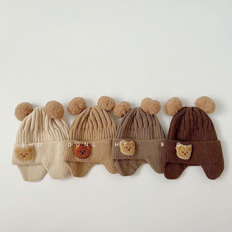 Bear Ear Knit Wool Hat for Baby Cute Cartoon Infant Ear Protection Cap Winter Warm Kids Boy Girl Earflap Beanies