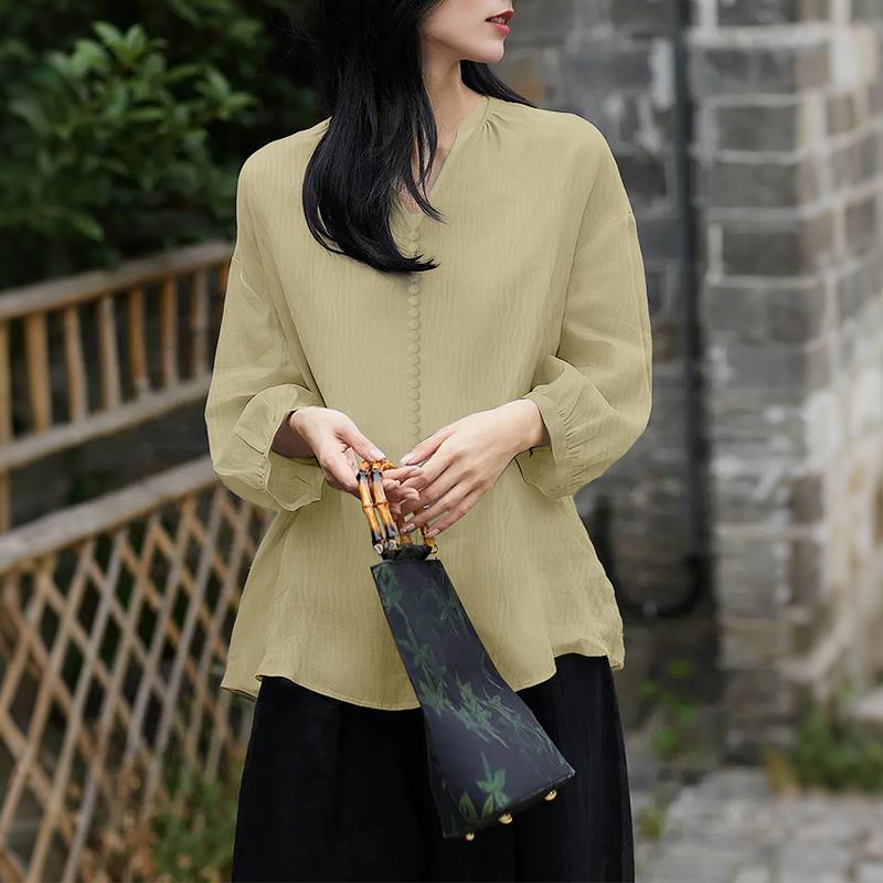 

ZANZEA Женская повседневная блузка с V-образным вырезом, свободного кроя, с рукавом 3/4, однотонная M абрикосовый