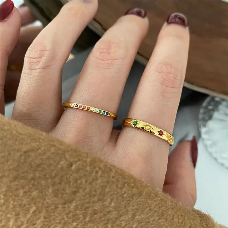 2PCS/Set Stainless Steel Rainbow Color Cubic Zircon Stone Finger Rings for Women INS Gold Color Waterproof Stars Ring Zircon