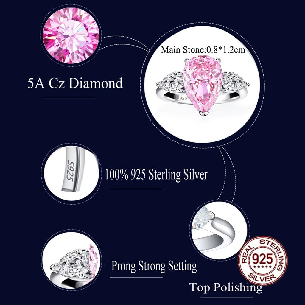 925 Sterling Silver Pear Cut 5A Cubic Zirconia Ring Sparkling Pink Teardrop CZ Engagement Promise Rings for Women Fine Jewelry