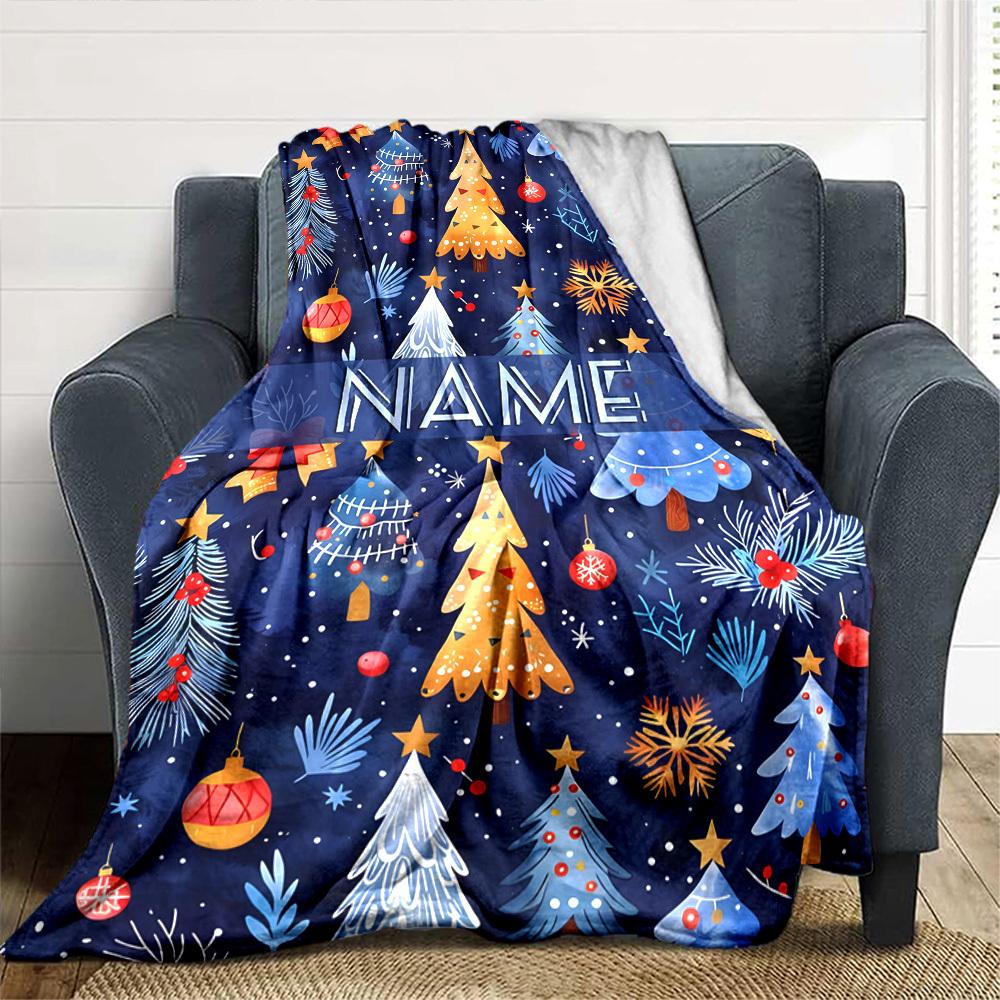Christmas Trees And Ornts On A Blue Background With The Word In The Center Gift Personalized Blanket Customize Your Name Comfortable Suitable For Sofa