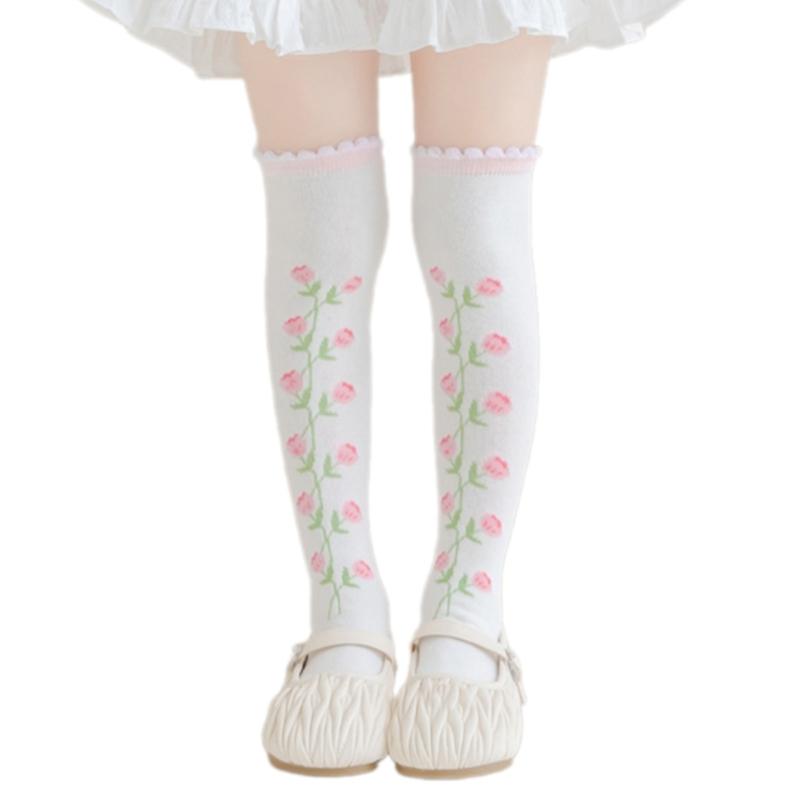 Children's Knee Length Cotton Socks Baby Girls Long Tube Socks Soft Stockings Flower Pattern for School Uniforms
