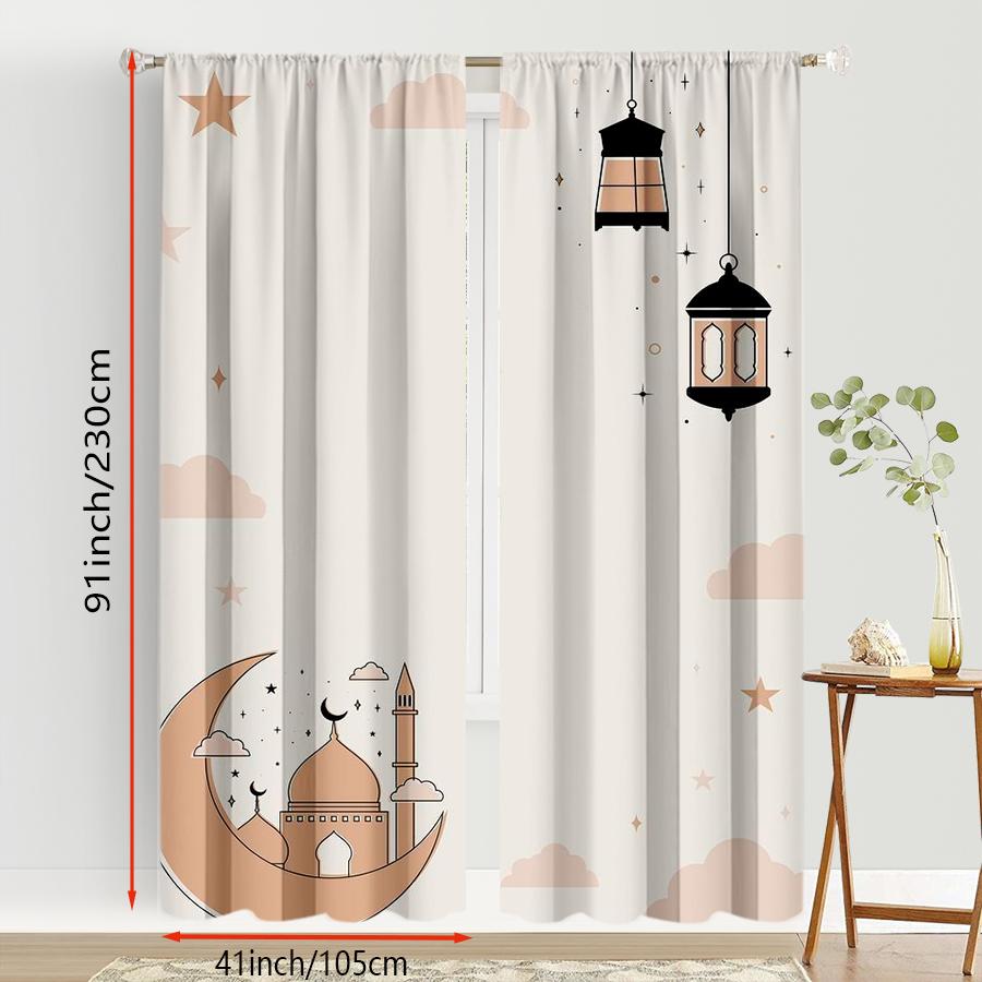 2pcs Pastel Moon Mosque & Lantern Curtains Flat Print Islamic Festival Design Sheer Light-Filtering Fabric Eid Ramadan Window